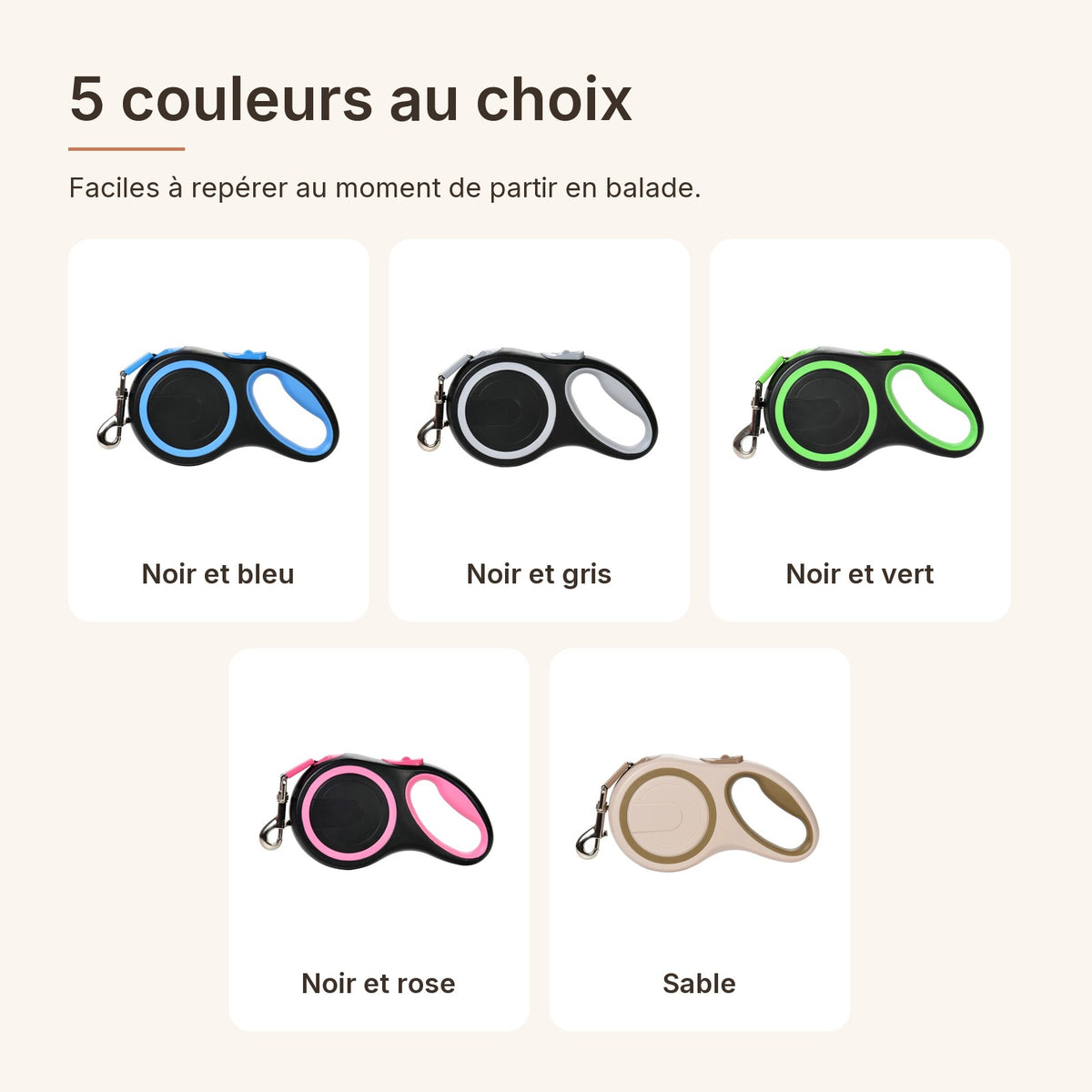 Les 5 couleurs de la laisse à enrouleur