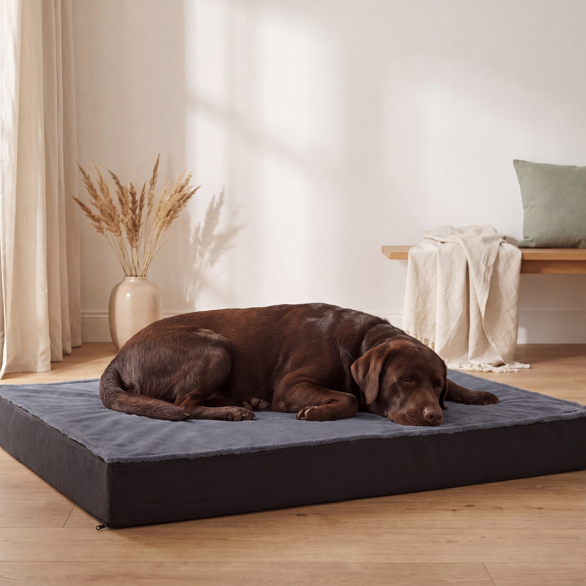 Labrador endormi sur le lit orthopédique