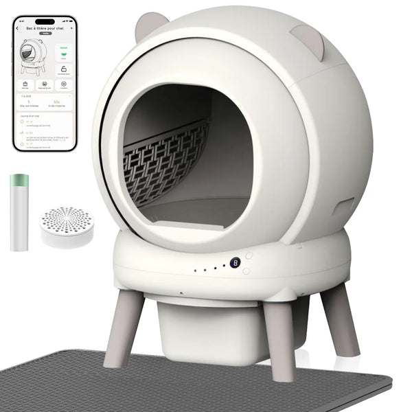Litière automatique 65 L blanche avec application, gel désodorisant et tapis