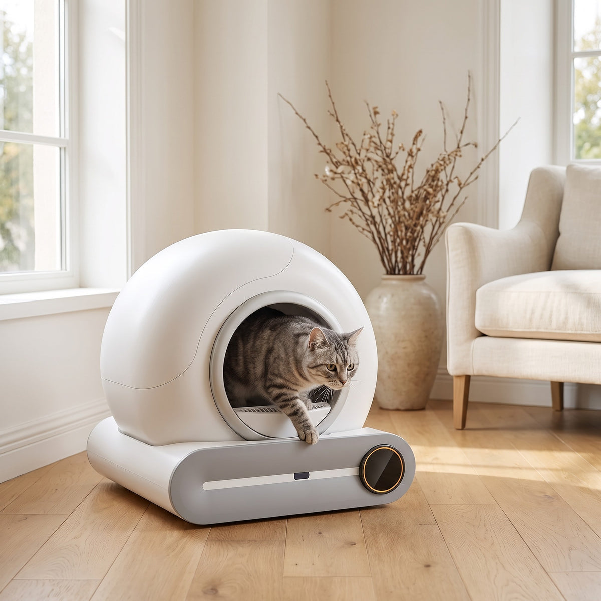 Chat tigré entrant dans le bac à litière automatique dans un salon lumineux