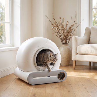 Chat tigré entrant dans le bac à litière automatique dans un salon lumineux