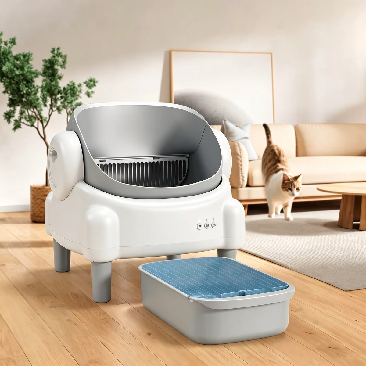 Bac à litière automatique avec son tiroir à déchets sorti, chat dans le salon