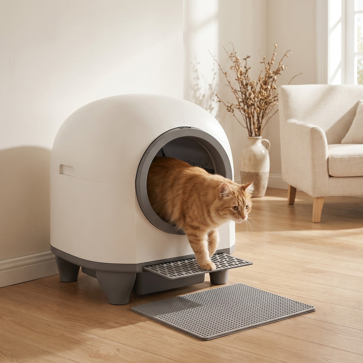 Chat roux sortant du bac à litière automatique dans un salon lumineux