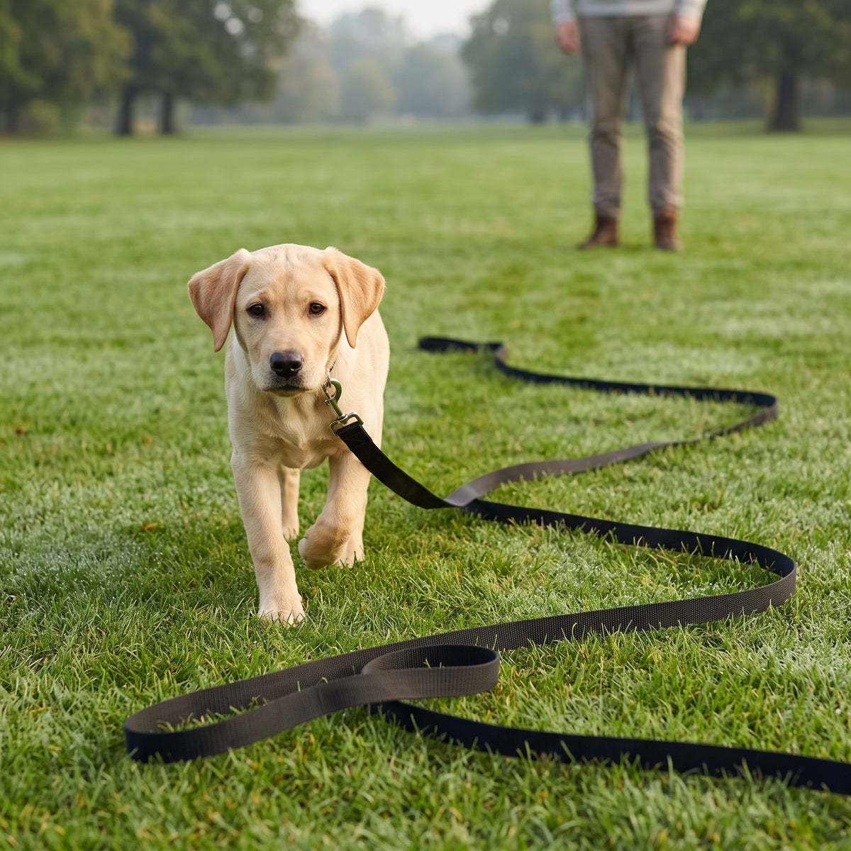 Jeune labrador en exercice de rappel avec la longe noire