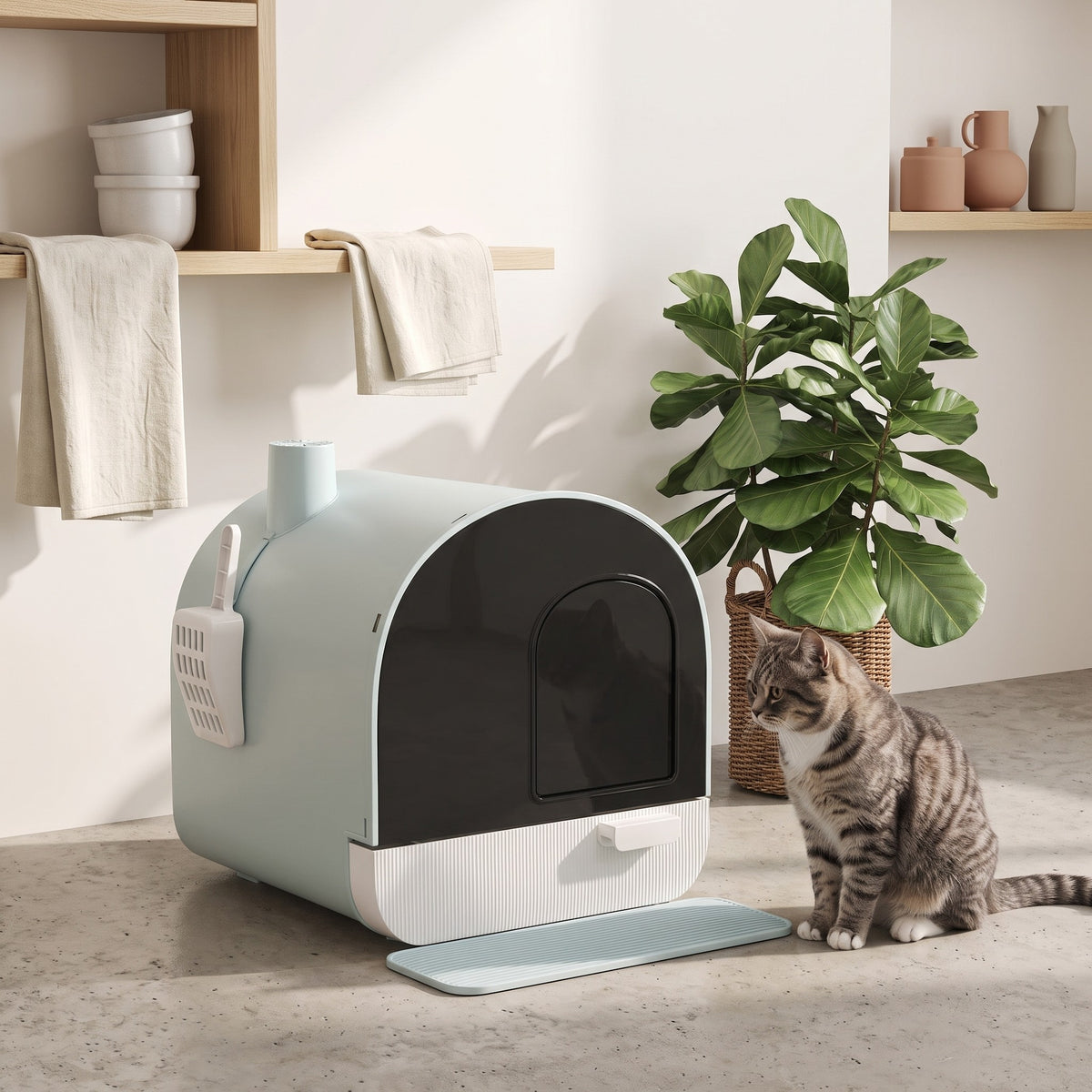 Chat tigré assis près de la maison de toilette dans une buanderie