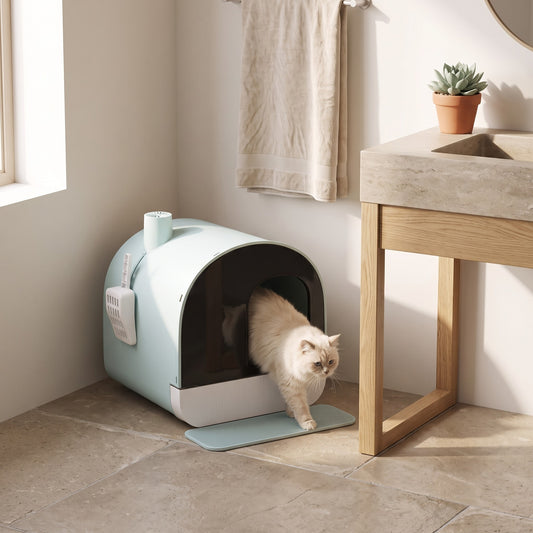 Chat qui sort de la maison de toilette dans une salle de bain claire