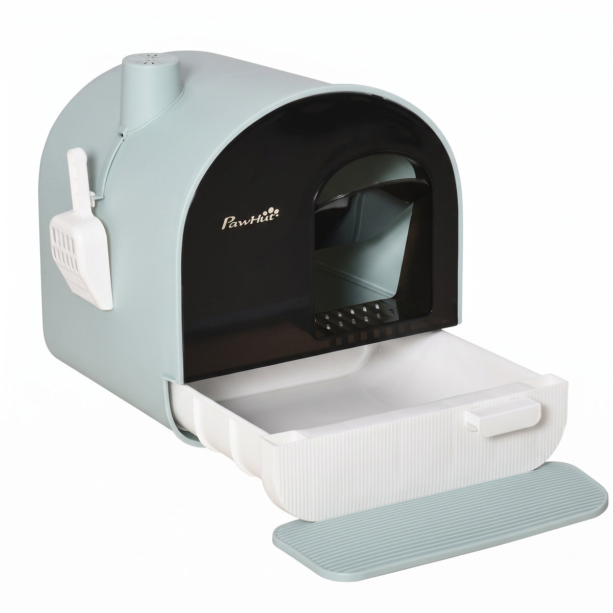 Maison de toilette pour chat avec tiroir ouvert, sur fond blanc
