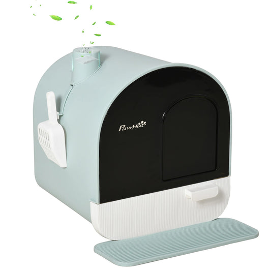 Maison de toilette fermée pour chat vert d'eau avec tiroir, pelle et tapis