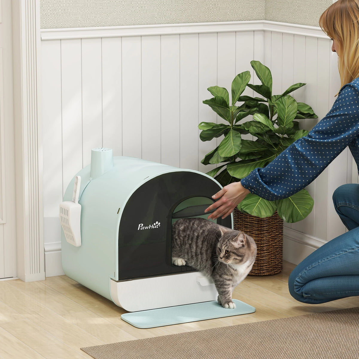 Chat sortant de la maison de toilette par la porte battante