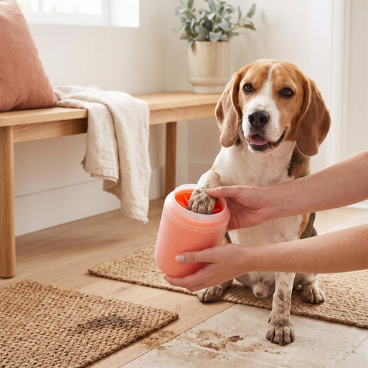 Nettoyeur de pattes corail utilisé sur un beagle au retour de balade