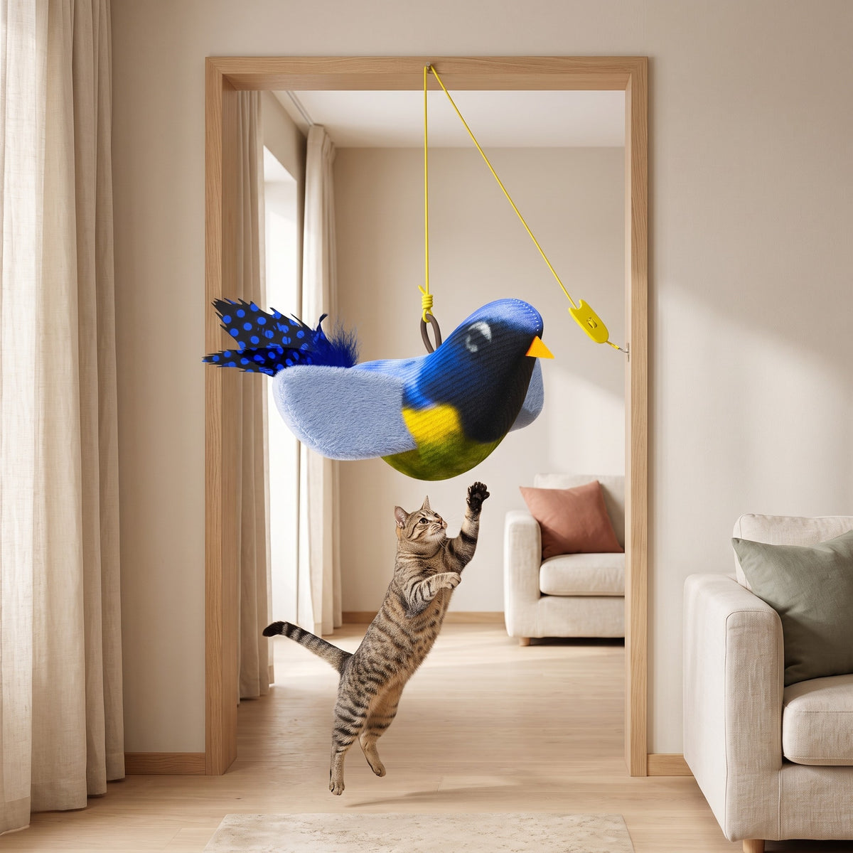 Chat qui saute vers l'oiseau sonore bleu suspendu