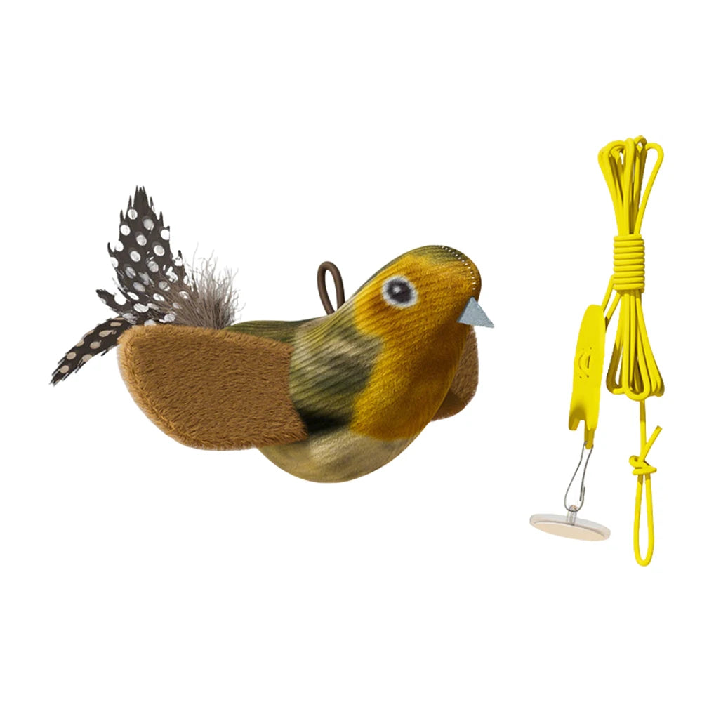 Oiseau sonore marron avec son élastique jaune et son crochet adhésif