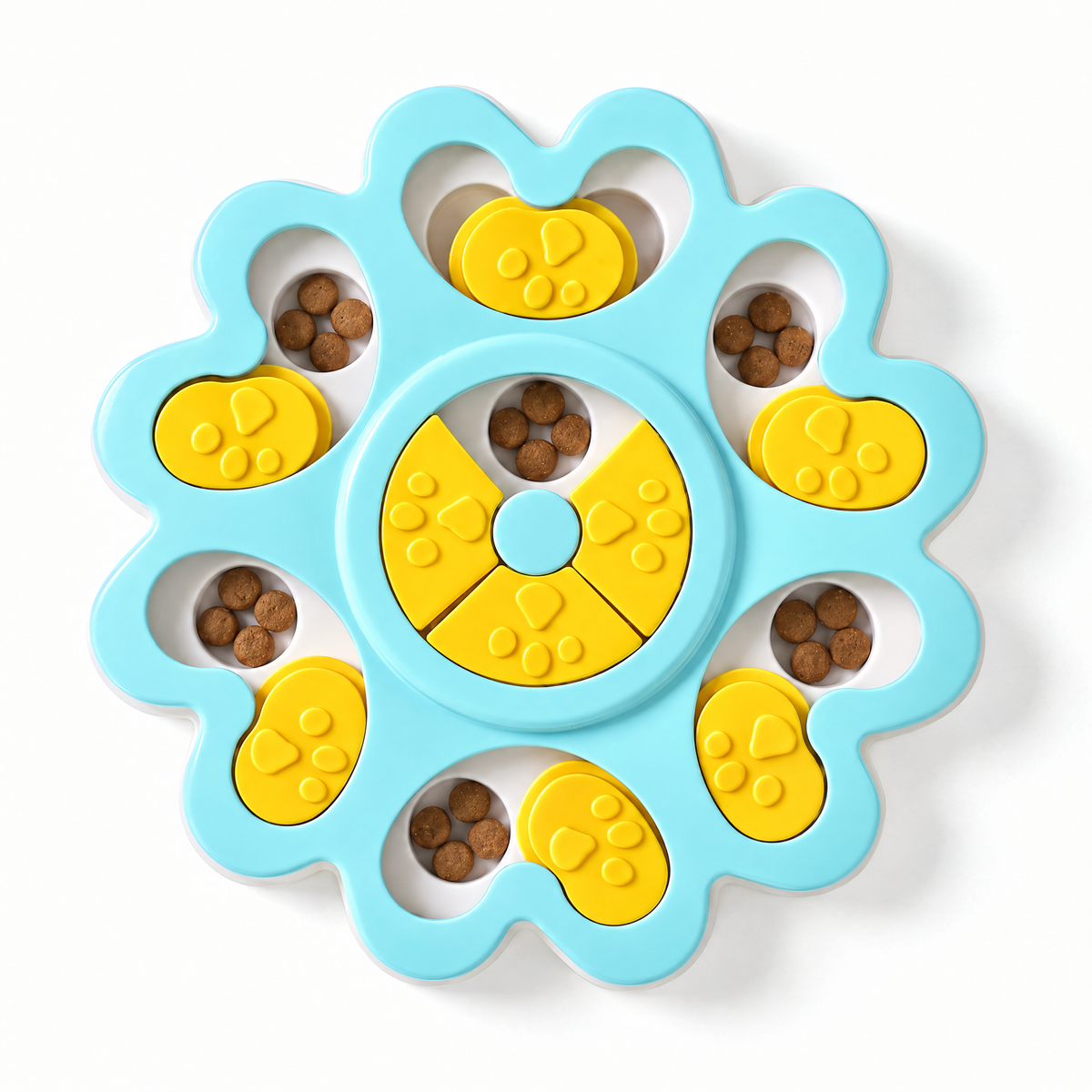 Puzzle à friandises bleu et jaune vu de dessus, avec croquettes