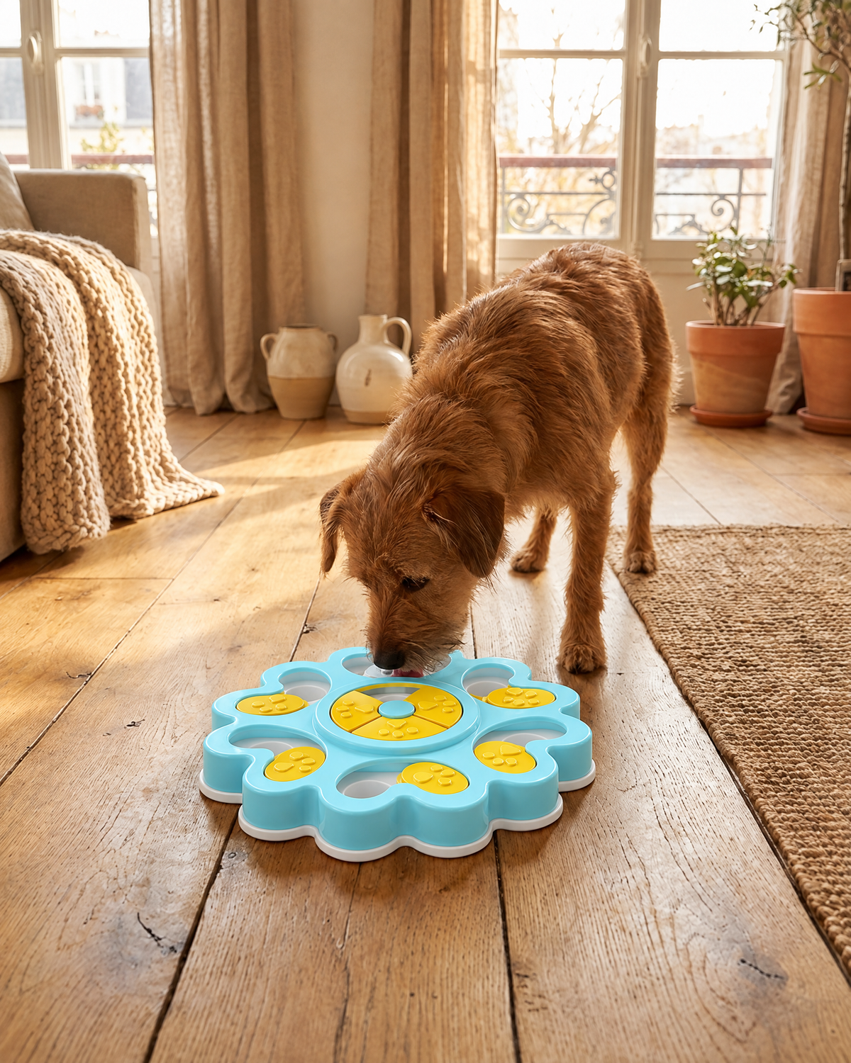 Chien qui renifle le puzzle à friandises bleu et jaune sur un parquet