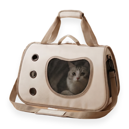 Sac de transport pliable beige avec un chat à l'intérieur, sur fond blanc