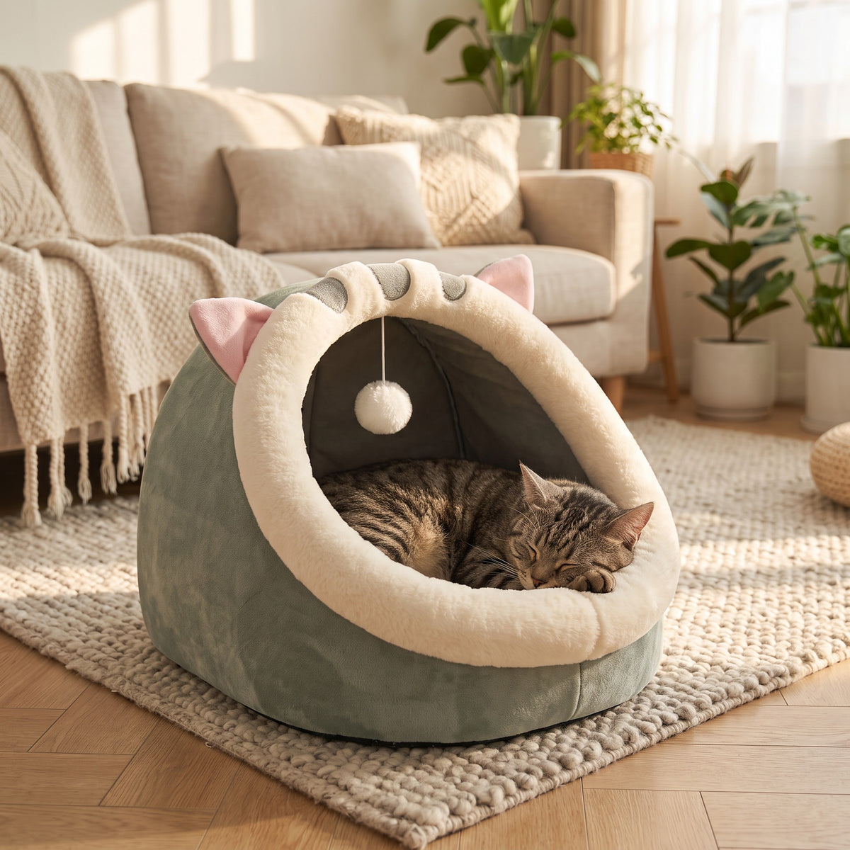 Chat tigré endormi dans le panier Suzanne au salon