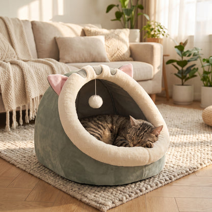 Chat tigré endormi dans le panier Suzanne au salon