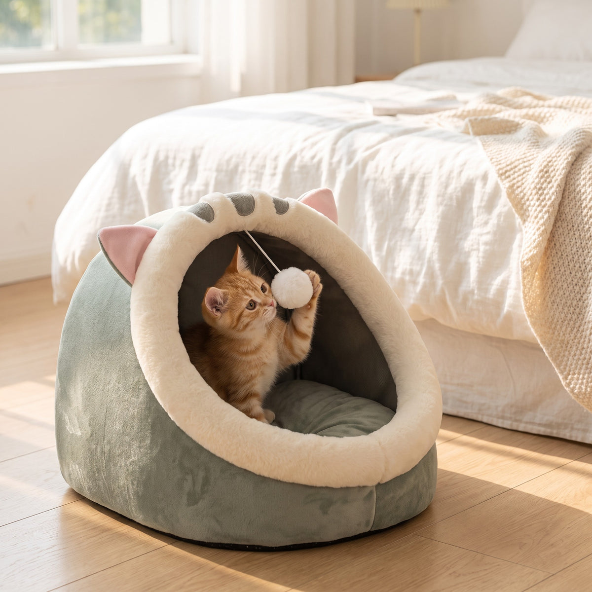 Chaton roux jouant avec le pompon du panier Suzanne