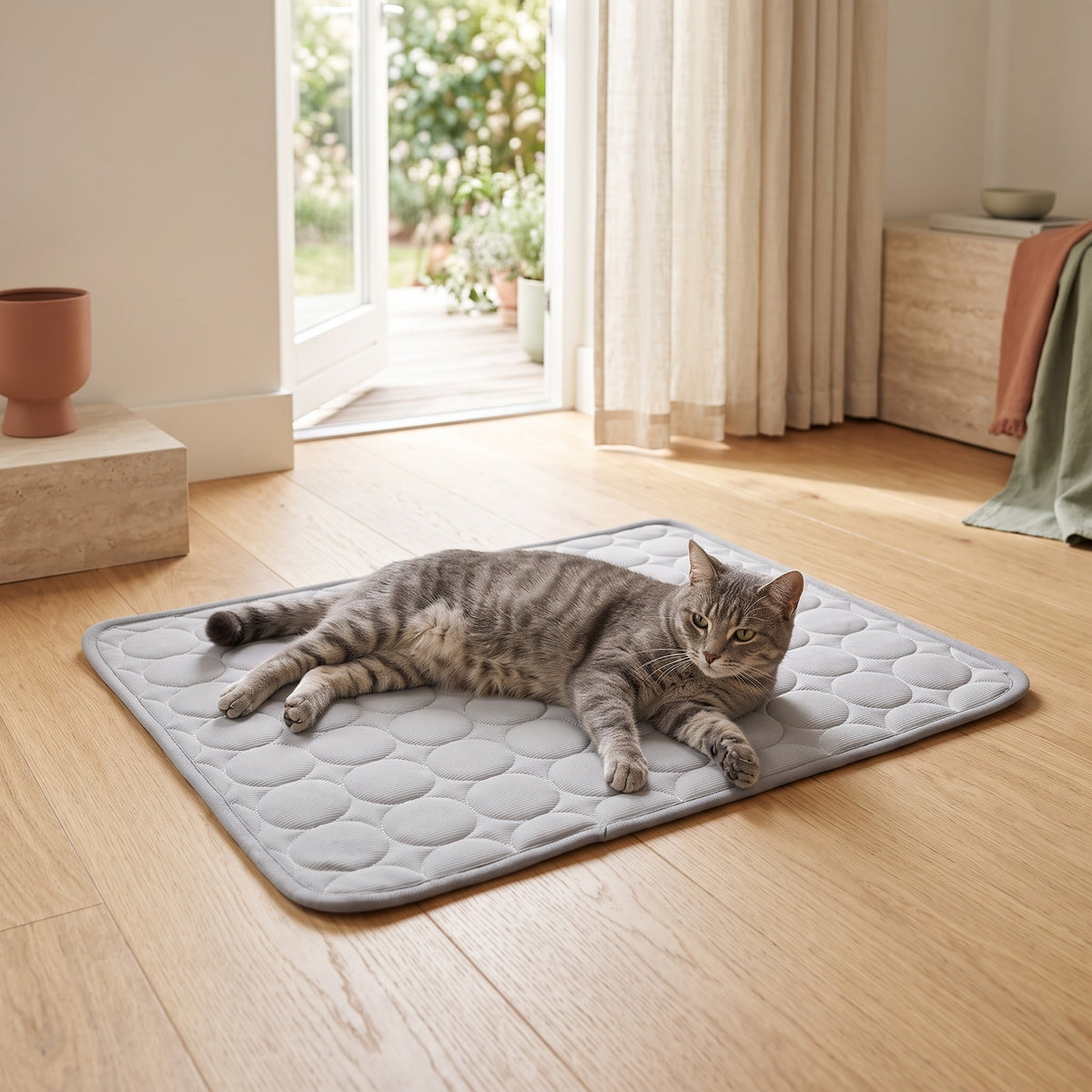 Chat allongé sur le tapis rafraîchissant gris