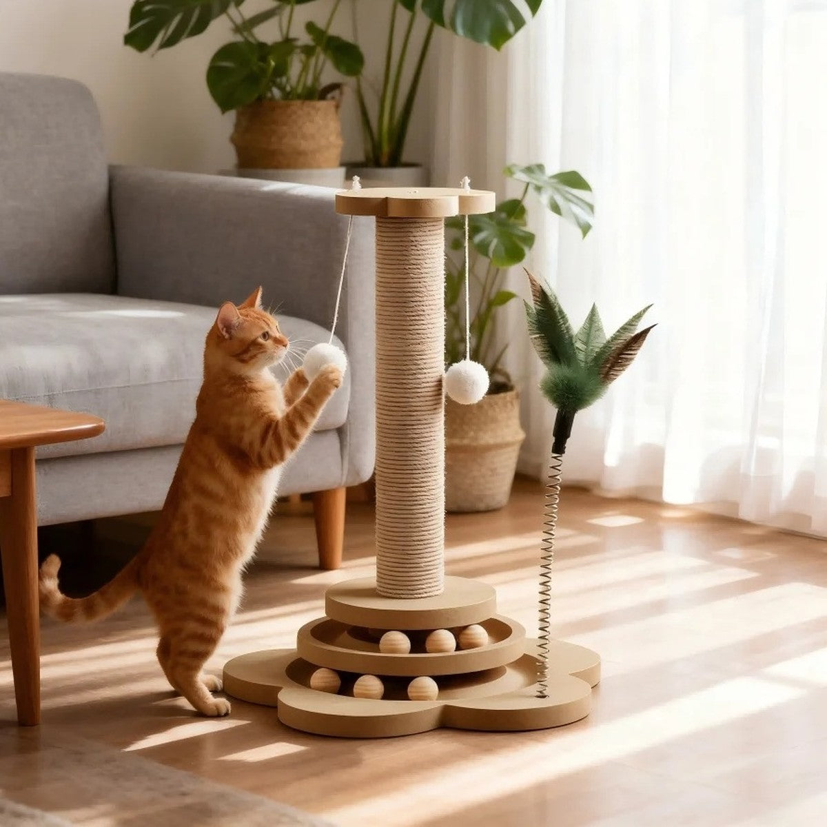 Chat roux debout qui joue avec les pompons de la tour de jeu