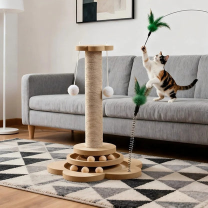 Chat qui saute vers la plume de la tour de jeu dans un salon