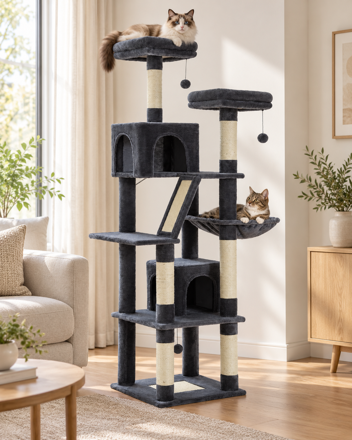Arbre à chat 180 cm Colette — mise en situation avec deux chats