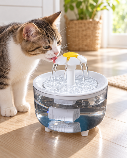 Fontaine fleur 1,2 L — chat buvant à la maison