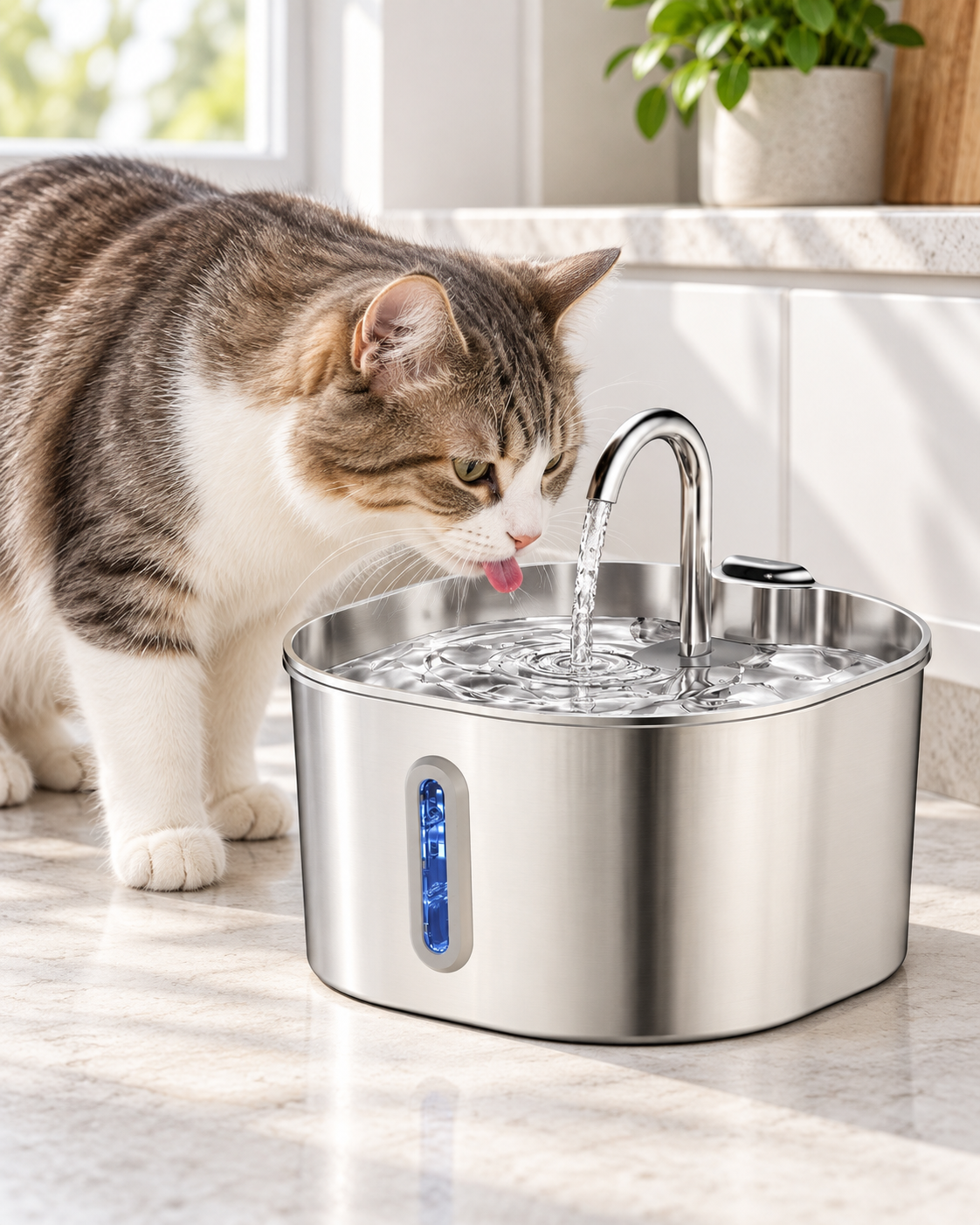 Fontaine inox 2,2 L — chat buvant à la maison