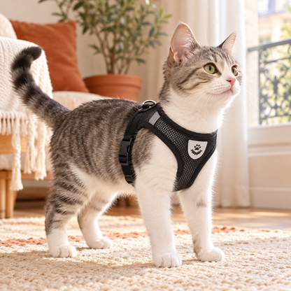 Chat portant le harnais en maille noir lors d’une promenade intérieure