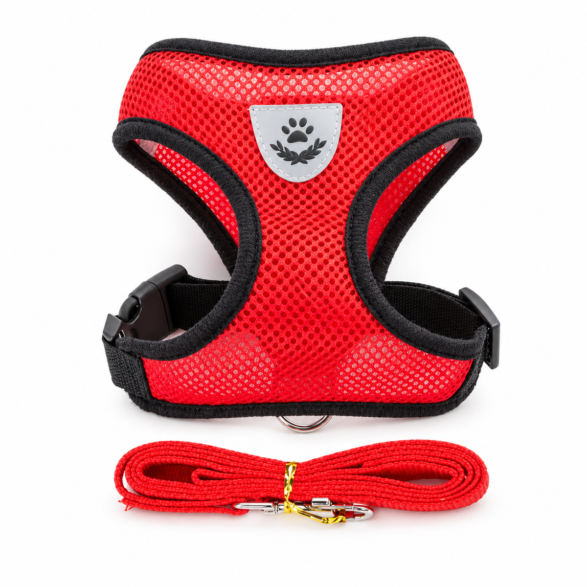 Harnais en maille rouge et laisse assortie — photo studio sur fond blanc