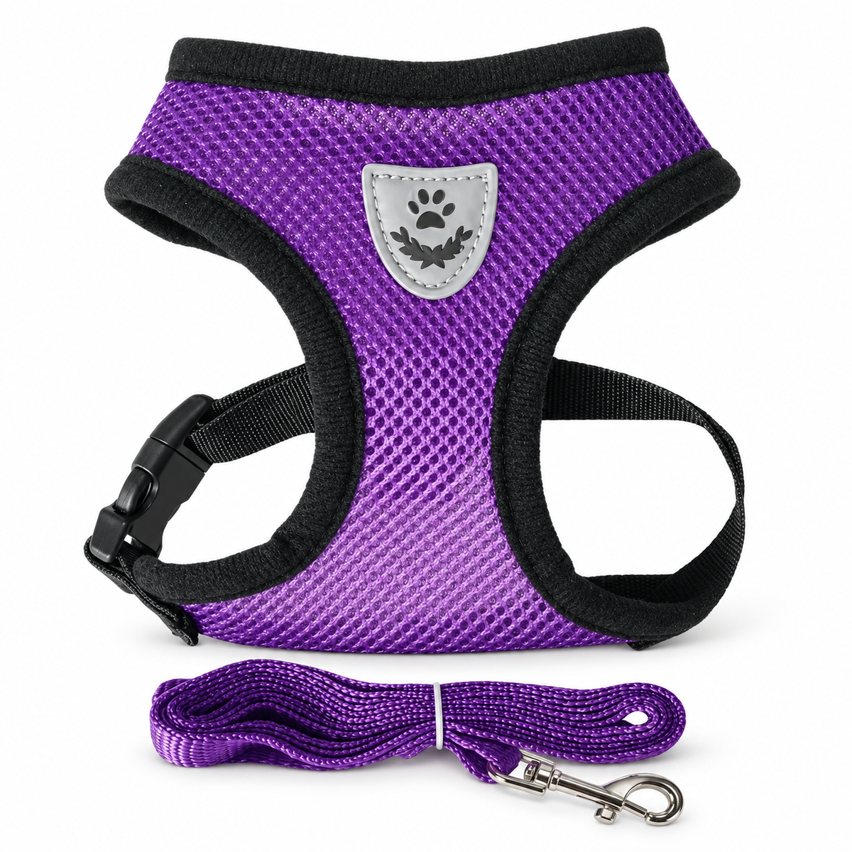Harnais en maille violet et laisse assortie — photo studio sur fond blanc