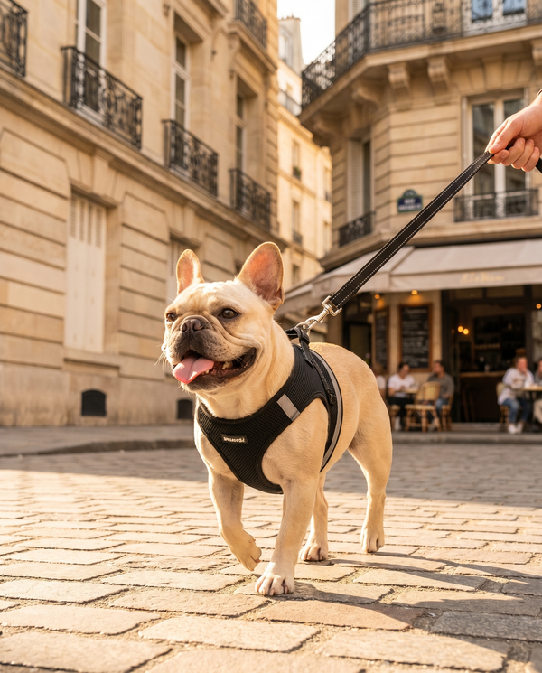 Chien en balade avec harnais noir, rue parisienne