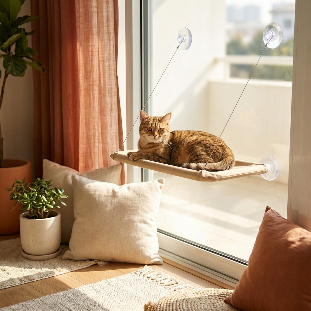 Chat allongé dans le hamac de fenêtre au soleil