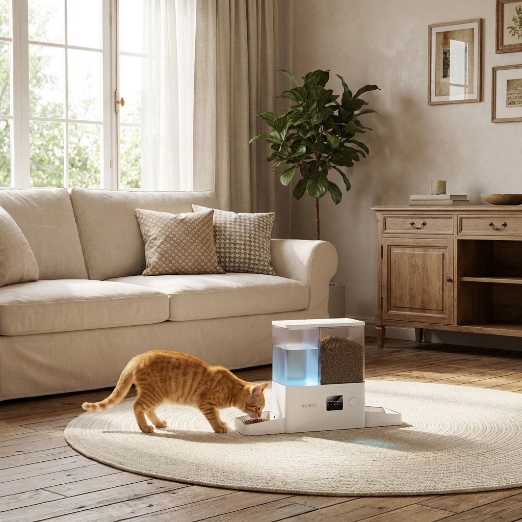 Chat mangeant à la mangeoire dans le salon