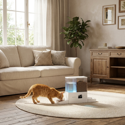 Chat mangeant à la mangeoire dans le salon