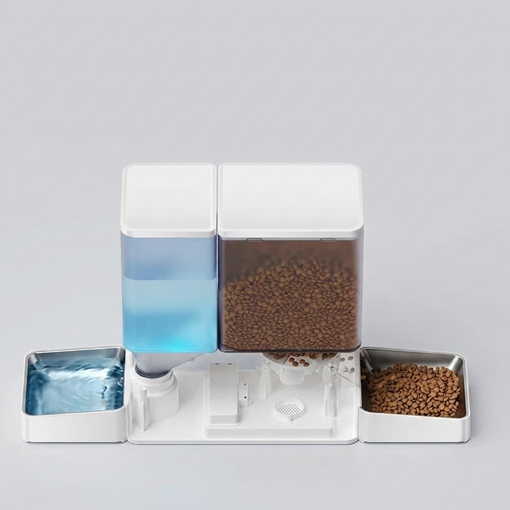 Croquettes d'un côté et eau de l'autre