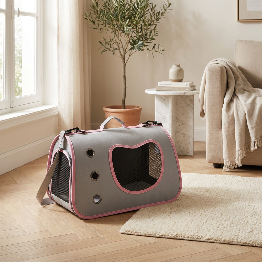 Sac de transport pliable rose pour chat et petit chien, ambiance maison