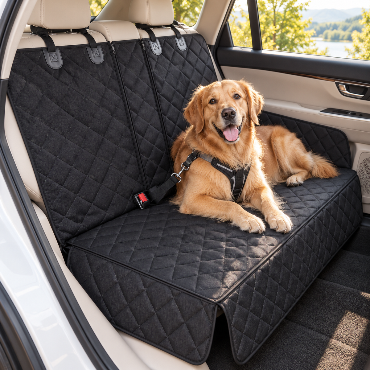 Chien installé sur une housse de protection de banquette arrière matelassée