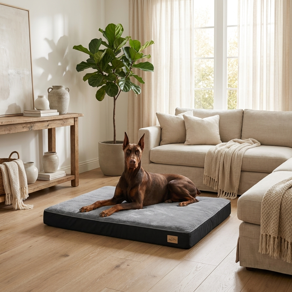 Lit orthopédique premium pour chien Douce Patte, Doberman au repos dans un salon élégant