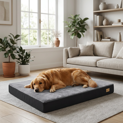 Lit orthopédique pour chien, golden retriever installé sur le matelas épais Douce Patte