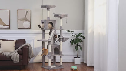 Arbre à chat 180 cm en situation : chats sur les perchoirs, dans le hamac et les niches